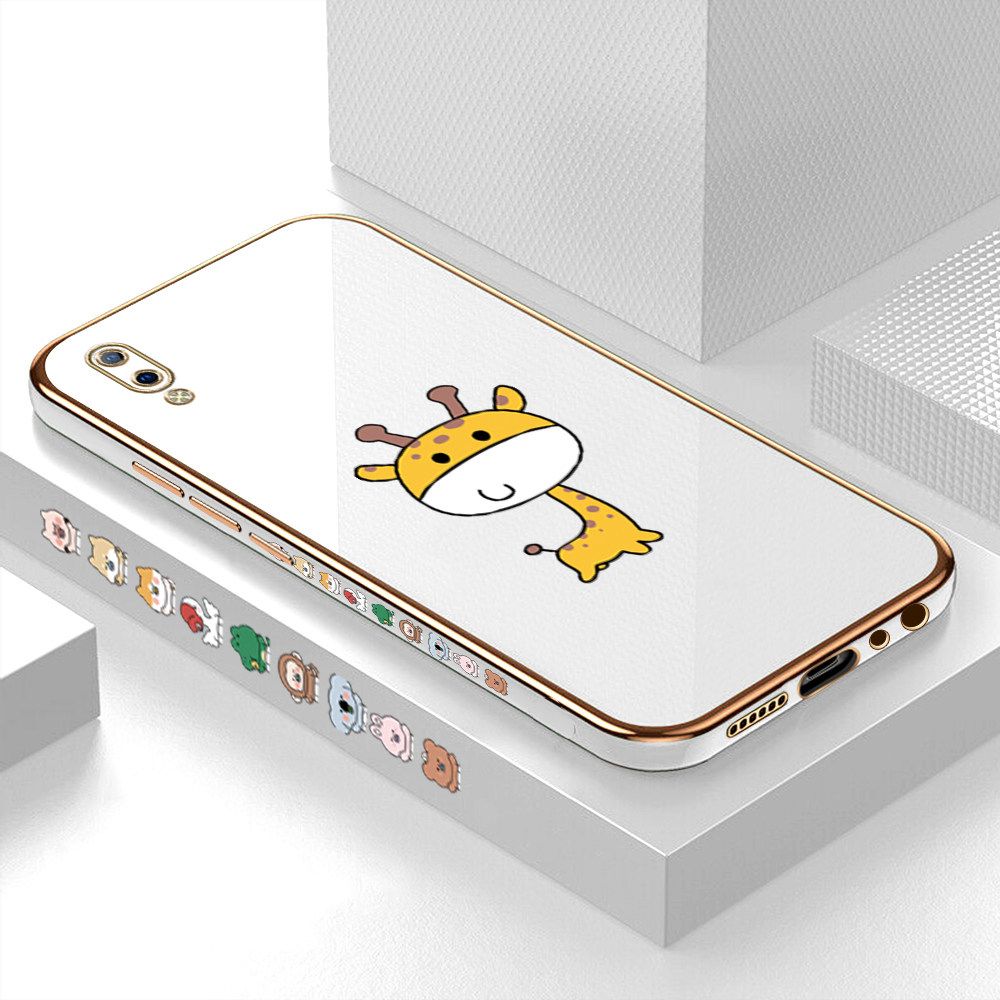 Luxury 6D Plating Case for Vivo Y93 Color Cute Giraffe Side Pattern Back Cover Soft Silicone Square Frame Shiny Bling Phone Cases + Free Lanyard
