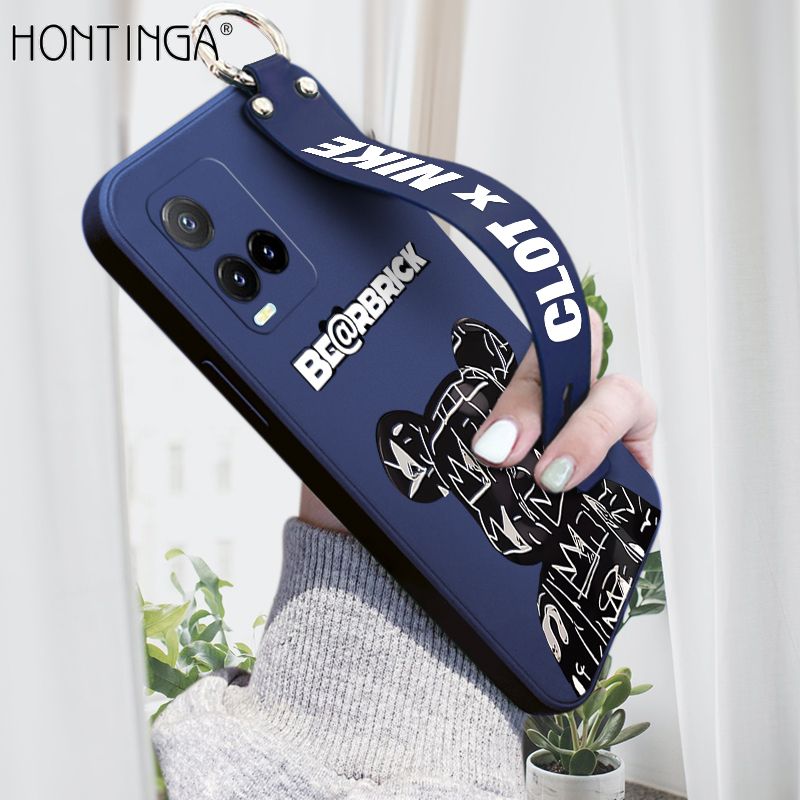 Hontinga for Vivo Y21 2021 Wrist Strap Case Fashion Cool Bear Cover Trend Square Printed Pattern Liquid Silicone Phone Case