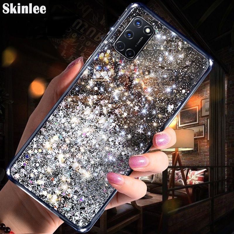 Skinlee for OPPO A52 Phone Case Full Stars Moon Glitter Bling Sequins Case for OPPO A52 Starry Sky Transparent Soft Back Cover