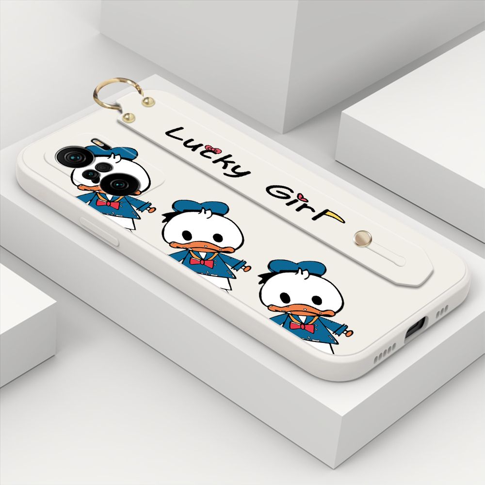 ZeroQiQi for Xiaomi Poco F3 Wrist Strap Case Cute Cartoon Little Duck Phone Case Square Edge Liquid Silicone Case Full Cover Camera Shockproof Protective Cases