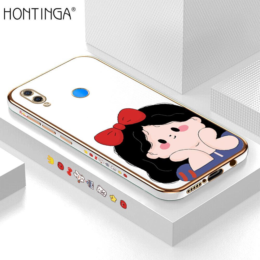 Hontinga for Huawei P Smart Plus Back Cover + Free Lanyard Luxury 6D Plating Cute Bow Girl Side Pattern Case Soft Silicone Square Mobile Cover