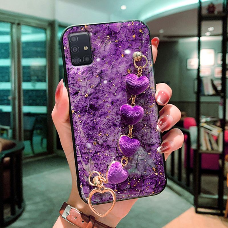 For Samsung Galaxy A51 Back Cover with Love Heart Wristband Chain Fashion Bracelet Marble Glitter Case Soft Silicone Bumper Protective Mobile Phone Cases