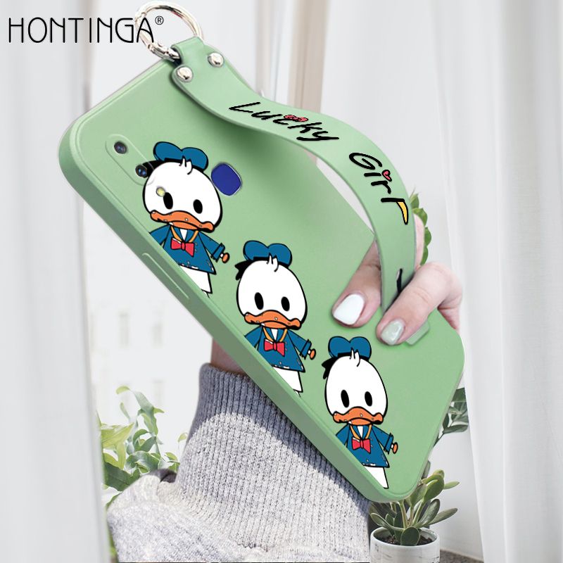 Hontinga for Vivo V11I Wrist Strap Case Cute Cartoon Little Duck Phone Case Square Edge Liquid Silicone Case Full Cover Camera Shockproof Protective Cases