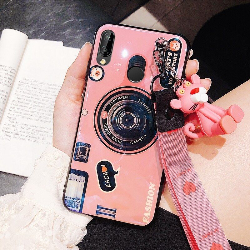For Huawei Y9 2019 Cover + Wrist Lanyard & Cute Cartoon Doll Fashion Camera Pattern Slim Phone Case Soft TPU Silicone Shockproof Protective Back Cover