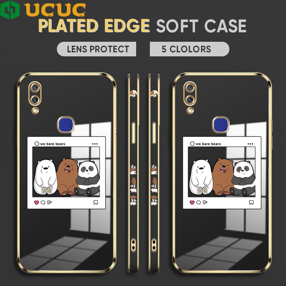 UCUC for Vivo V11I Cover Bears Photo Luxury 6D Plating Soft Casing Silicone Square Frame Phone Case Shiny Bling Back Cover + Free Lanyard