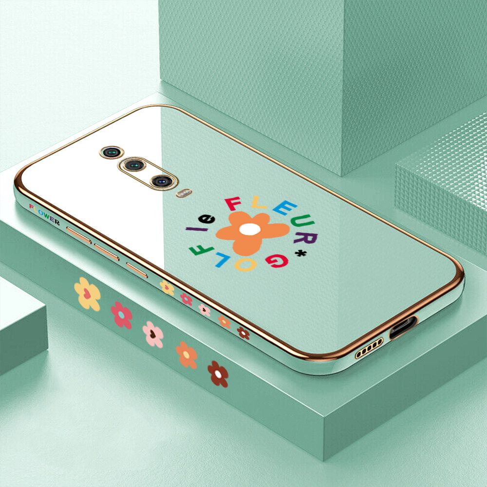Luxury 6D Plating Case for Redmi K20 Pro Cartoon Flower Side Pattern Back Cover Soft Silicone Square Frame Shiny Bling Phone Cases + Free Lanyard