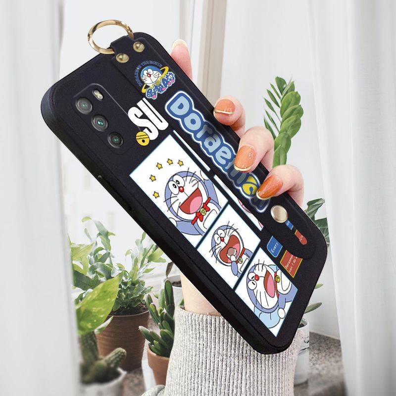 ZeroQiQi for Xiaomi Poco M3 Wrist Strap Case Cute Cute Cartoon Blue Cat Daily Life Cover Square Edge Liquid Silicone Creative Phone Protective Cases