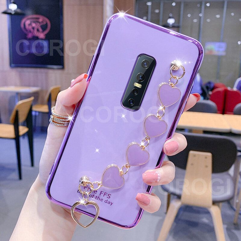 For Vivo V17 Pro Cover + Love Heart Bracelet Fashion Shiny Wrist Chain Plating Bumper Slim Phone Case Soft TPU Silicone Shockproof Protective Back Cover