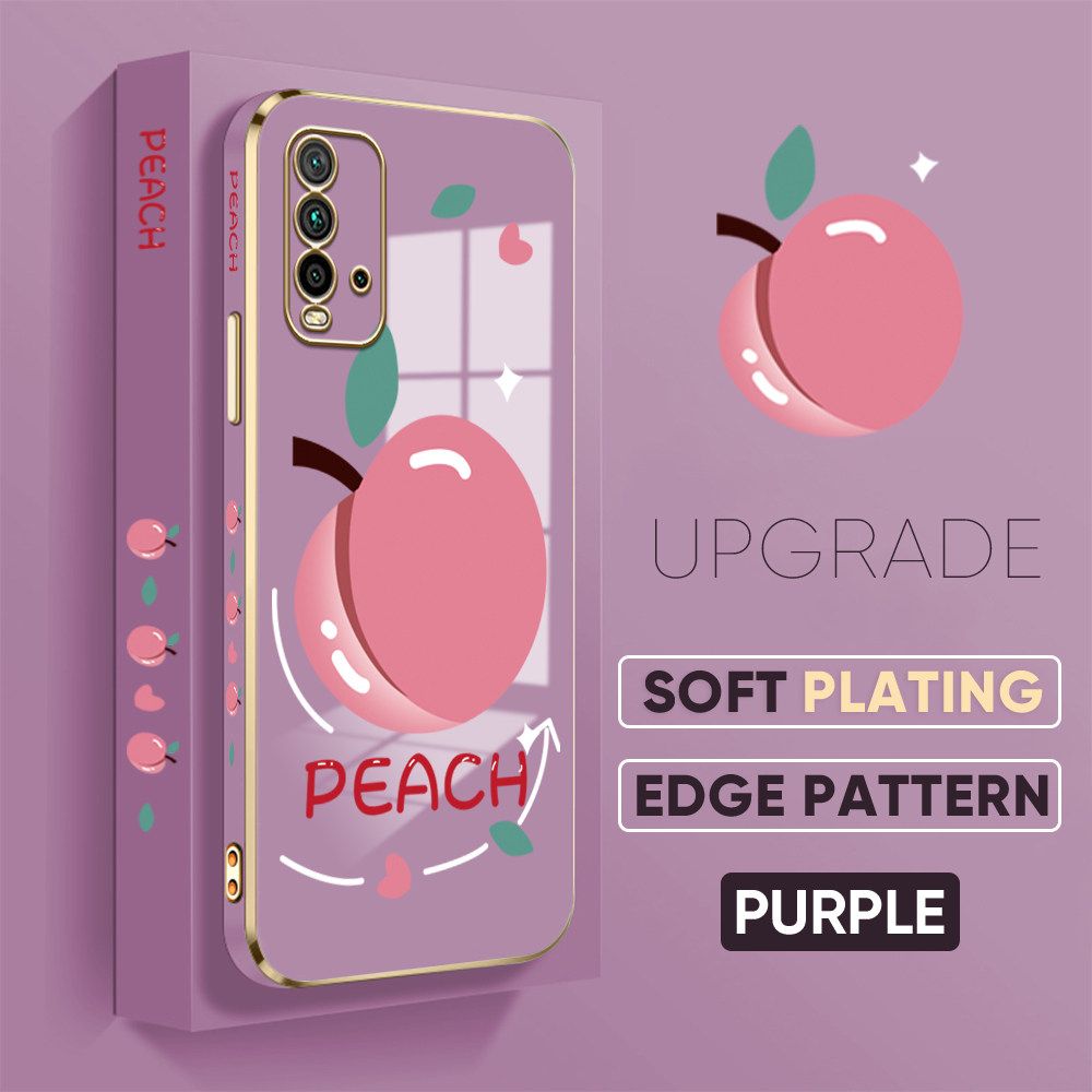 TA for Redmi 9 Power / Redmi 9T Back Cover Shiny Peach Luxury 6D Plating Case Side Pattern Soft Silicone Square Phone Case