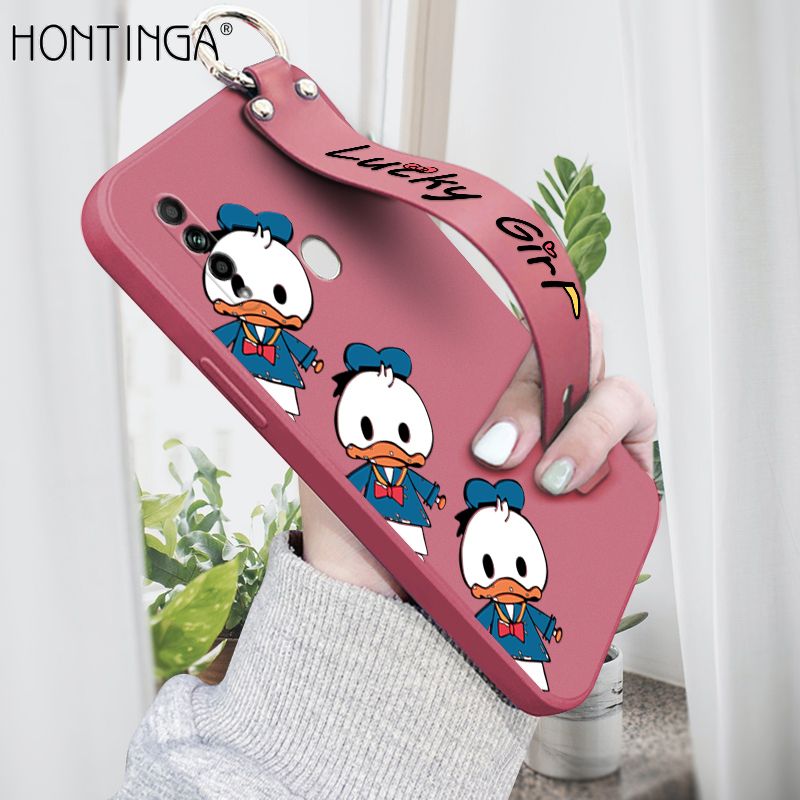 Hontinga for OPPO A31 2020 Wrist Strap Case Cute Cartoon Little Duck Phone Case Square Edge Liquid Silicone Case Full Cover Camera Shockproof Protective Cases