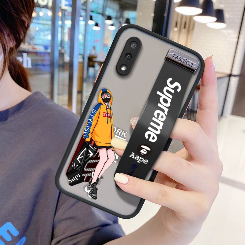 UCUC for Samsung Galaxy A01 Wrist Strap Case Creative Cartoon Handsome Girl Wristband Printing Cover Shockproof Frosted Phone Case