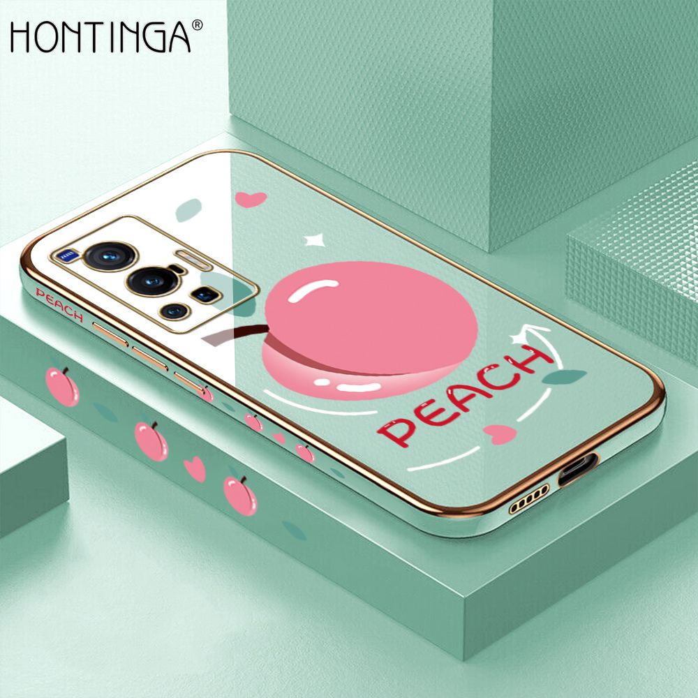Hontinga for Vivo X70 Pro 5G Case Luxury 6D Plating Soft Casing Silicone Square Frame Phone Cover Shiny Bling Side Print Cartoon Simple Peach Cases