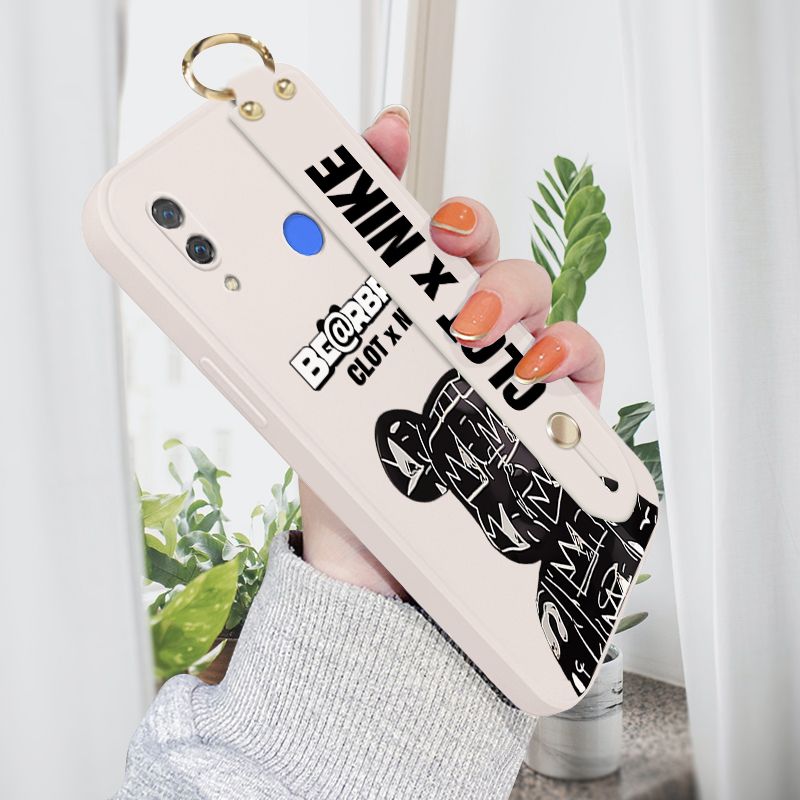 Jizetin for Huawei Nova 3 Wrist Strap Case Creative Cartoon Black Stitching Bear Cover Ultra Thin Anti Fall Liquid Silicone Phone Case