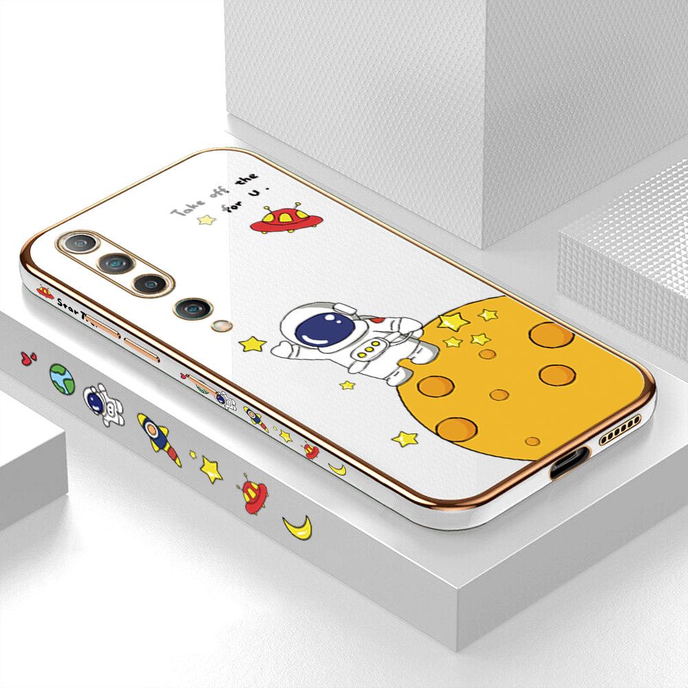 Luxury 6D Plating Case for Xiaomi 10 Cute Cartoon Happy Astronaut Side Pattern Back Cover Soft Silicone Square Frame Shiny Bling Phone Cases + Free Lanyard