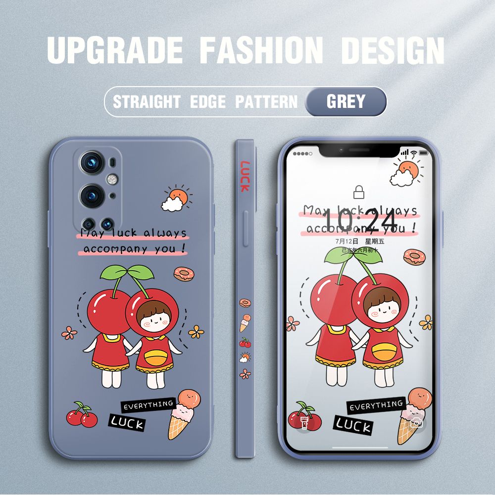 Jizetin for OnePlus 9 Pro Case Fashion Cherry Girl Design Side Design Phone Case Square Edge Pattern Liquid Silicone Cases Full Cover Camera Shockproof Protective Case
