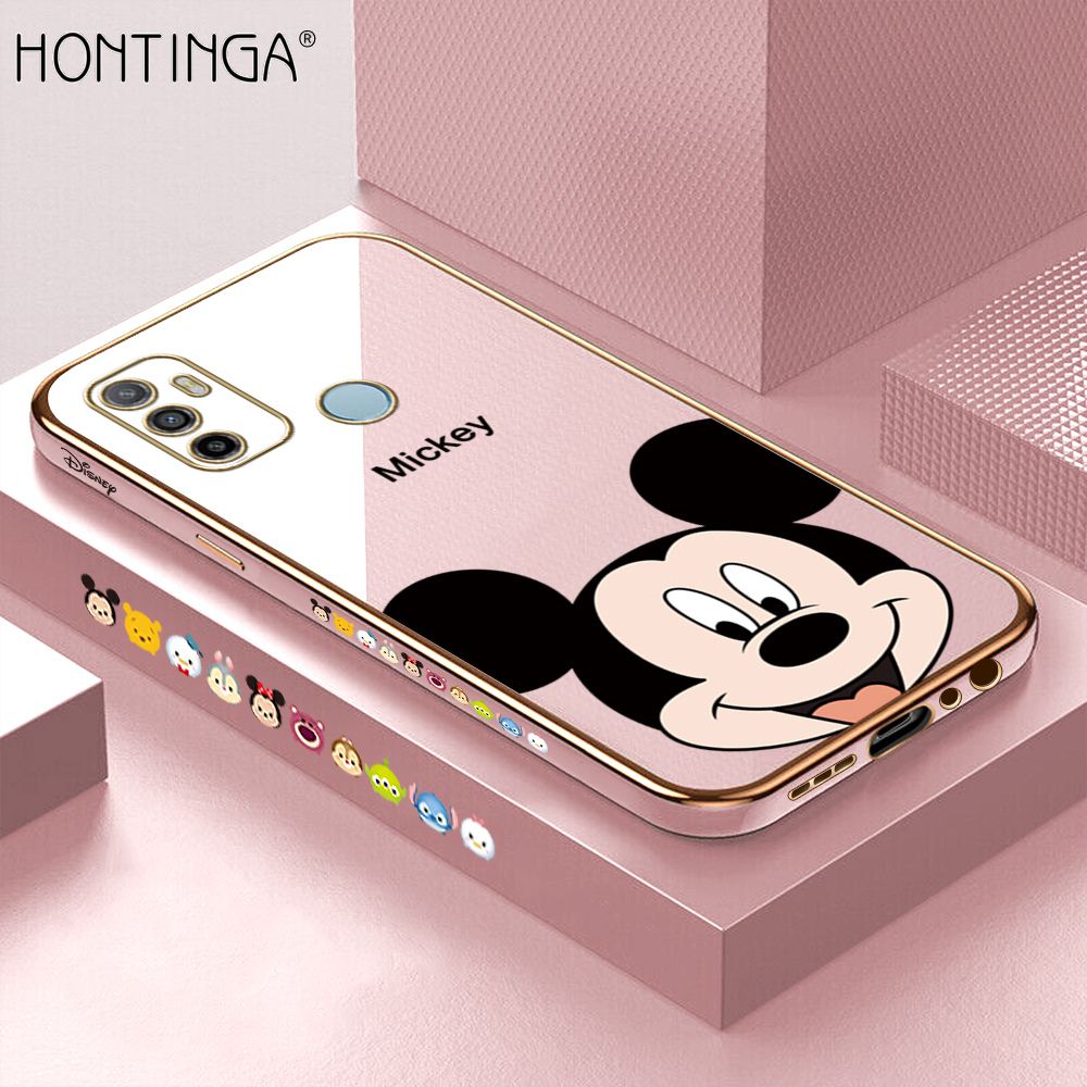 Hontinga for OPPO A33 2020 Back Cover + Free Lanyard Luxury 6D Plating Cartoon Mouse Side Pattern Case Soft Silicone Square Mobile Cover
