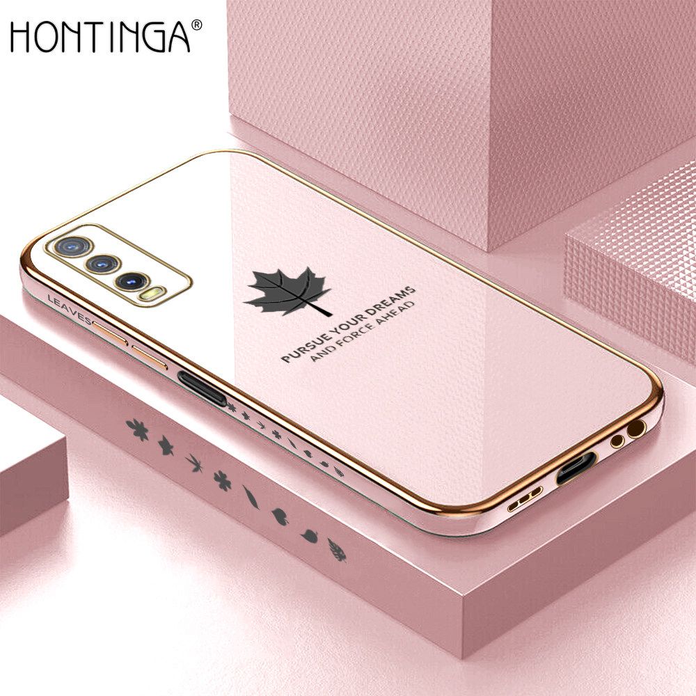 Hontinga for Vivo Y20 Y20i Y20S Y12S Y20 2021 Y20SG Y12A Back Cover + Free Lanyard Luxury 6D Plating Shiny Maple leaf Phone Case Soft Silicone Square Mobile Cover