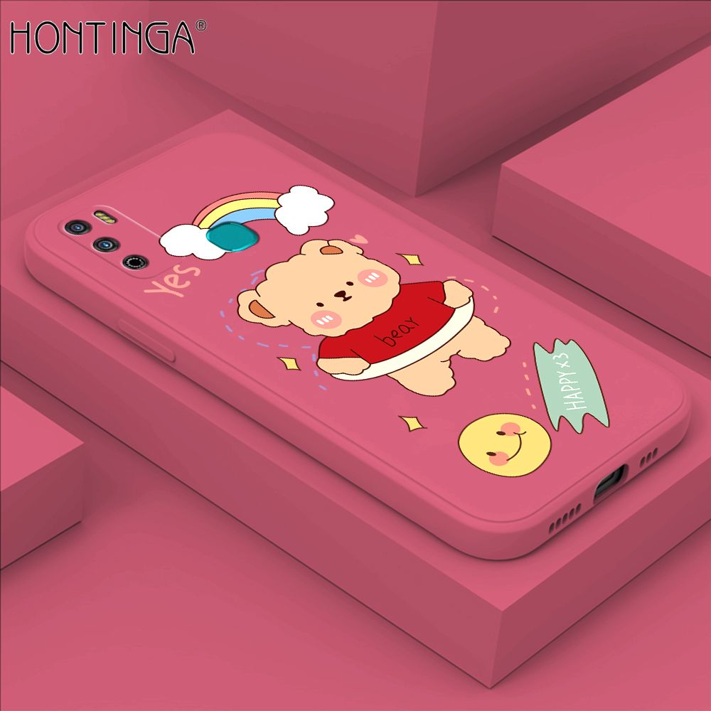 Hontinga for Infinix Hot 9 Play Case Lovely Cartoon Bear Phone Case Phone Case Soft Square Edge Silicone Cases Full Lens Cover Shockproof Protection Cover