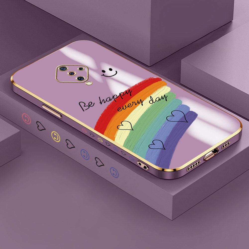 Jizetin (Free Lanyard) Vivo S1 Pro Case Rainbow Doodle Luxury 6D Plating Soft Casing Silicone Ultra Thin Phone Cover