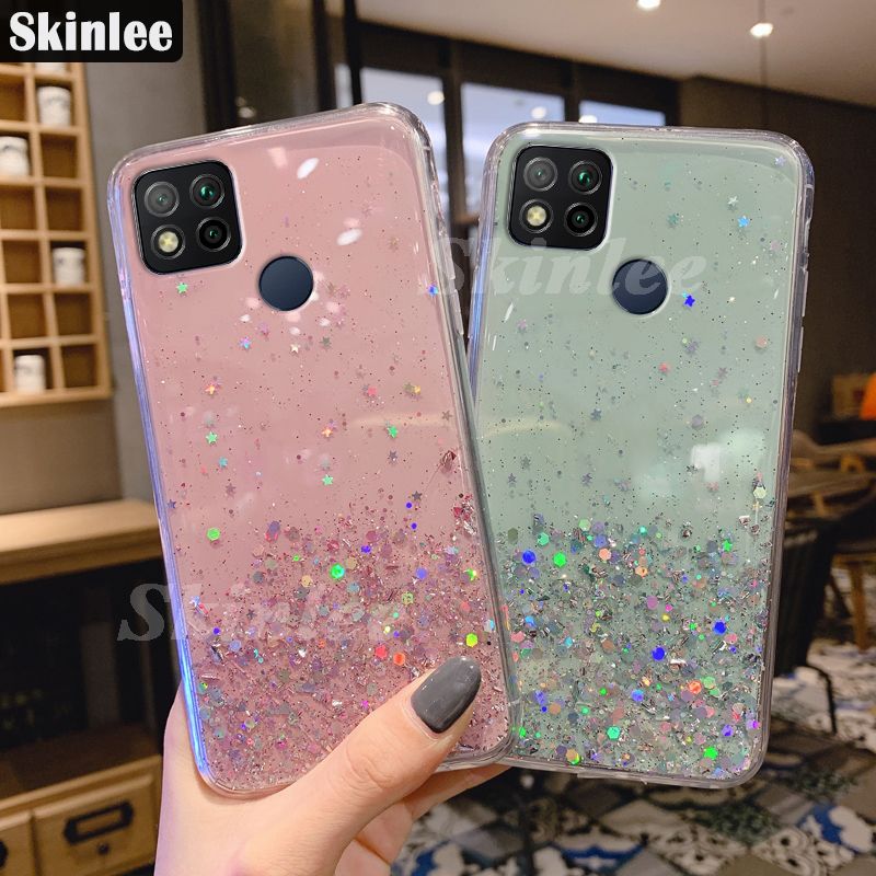 Skinlee Phone Case for Redmi 9 Dual Camera Glitter Starry Sky Bling Ring Lanyard Shiny Soft Back Cover for Redmi 9 Dual Camera Transparent Holder Stand Back Shell Stars Girls