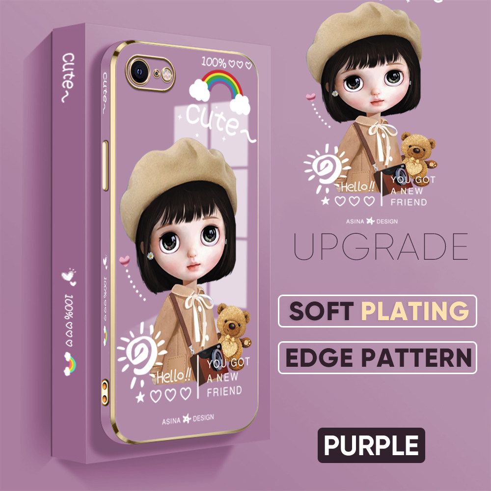 TA for iPhone SE 2020 / 7 / 8 / SE 2022 Back Cover + Free Lanyard Satchel Girl Luxury 6D Plating Case Side Pattern Soft Silicone Square Phone Cases