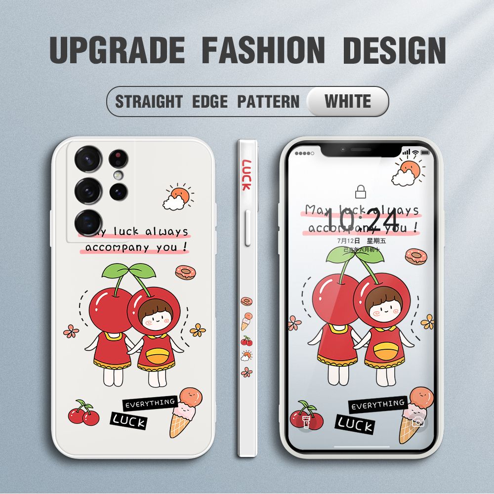 Jizetin for Samsung Galaxy S21 Ultra 5G Case Fashion Cherry Girl Design Side Design Phone Case Square Edge Pattern Liquid Silicone Cases Full Cover Camera Shockproof Protective Case