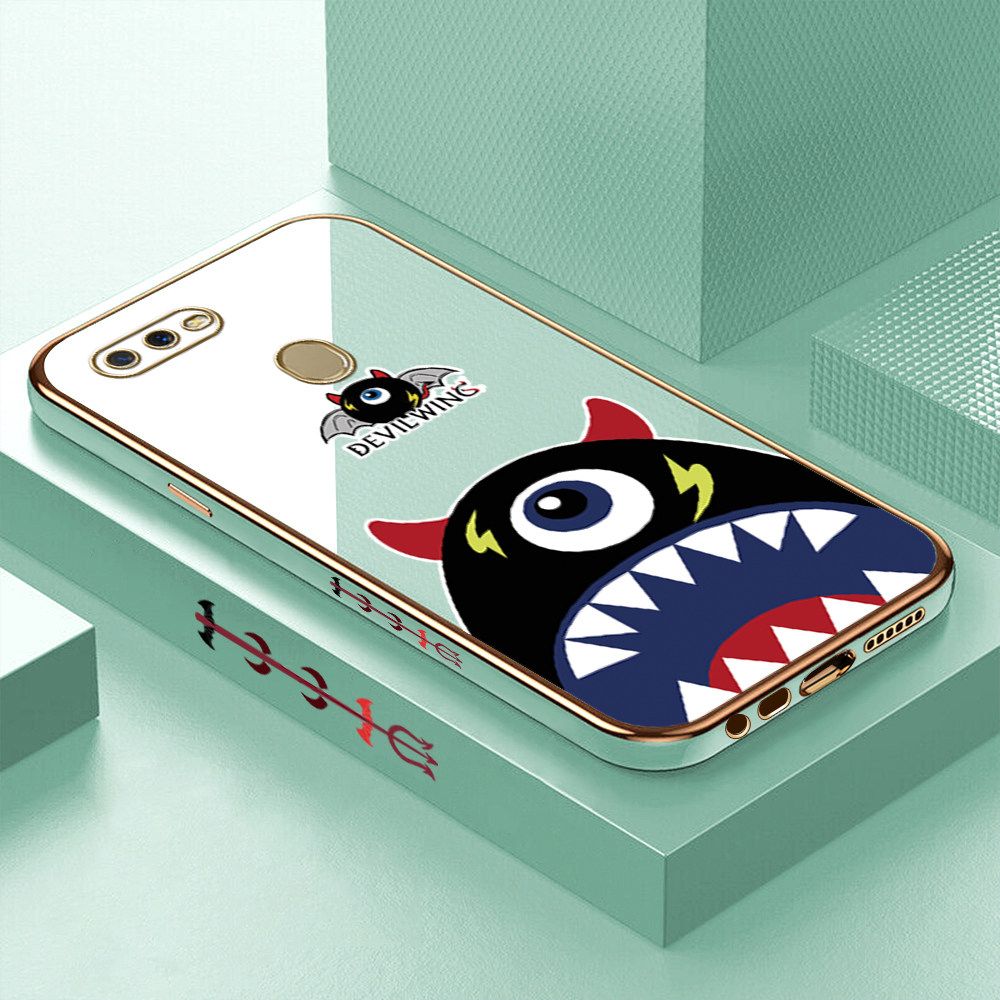 Luxury 6D Plating Case for OPPO A12 Cartoon One-eyed Devil Wing Side Pattern Back Cover Soft Silicone Square Frame Shiny Bling Phone Cases + Free Lanyard