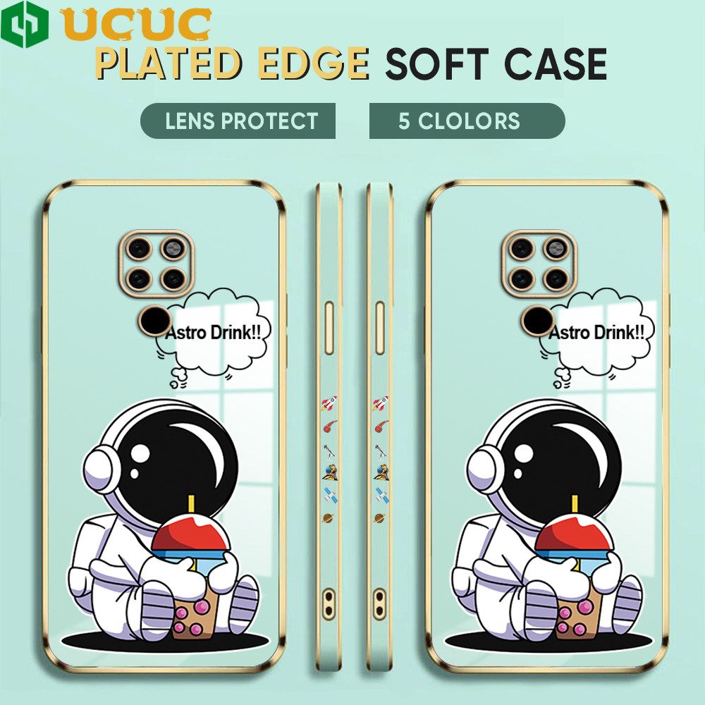 UCUC for Huawei Mate 20 Back Cover + Free Lanyard Cute Astronaut Luxury 6D Plating Case Side Pattern Soft Silicone Square Phone Cases