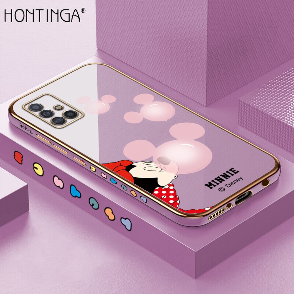 Hontinga for Samsung A51 4G Back Cover + Free Lanyard Luxury 6D Plating Cartoon Bubble Mouse Side Pattern Case Soft Silicone Square Mobile Cover