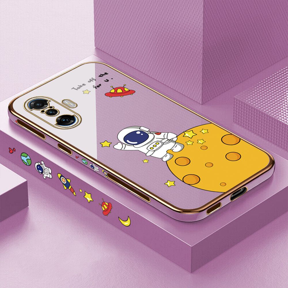 Luxury 6D Plating Case for Xiaomi Poco F3 GT Cute Cartoon Happy Astronaut Side Pattern Back Cover Soft Silicone Square Frame Shiny Bling Phone Cases + Free Lanyard