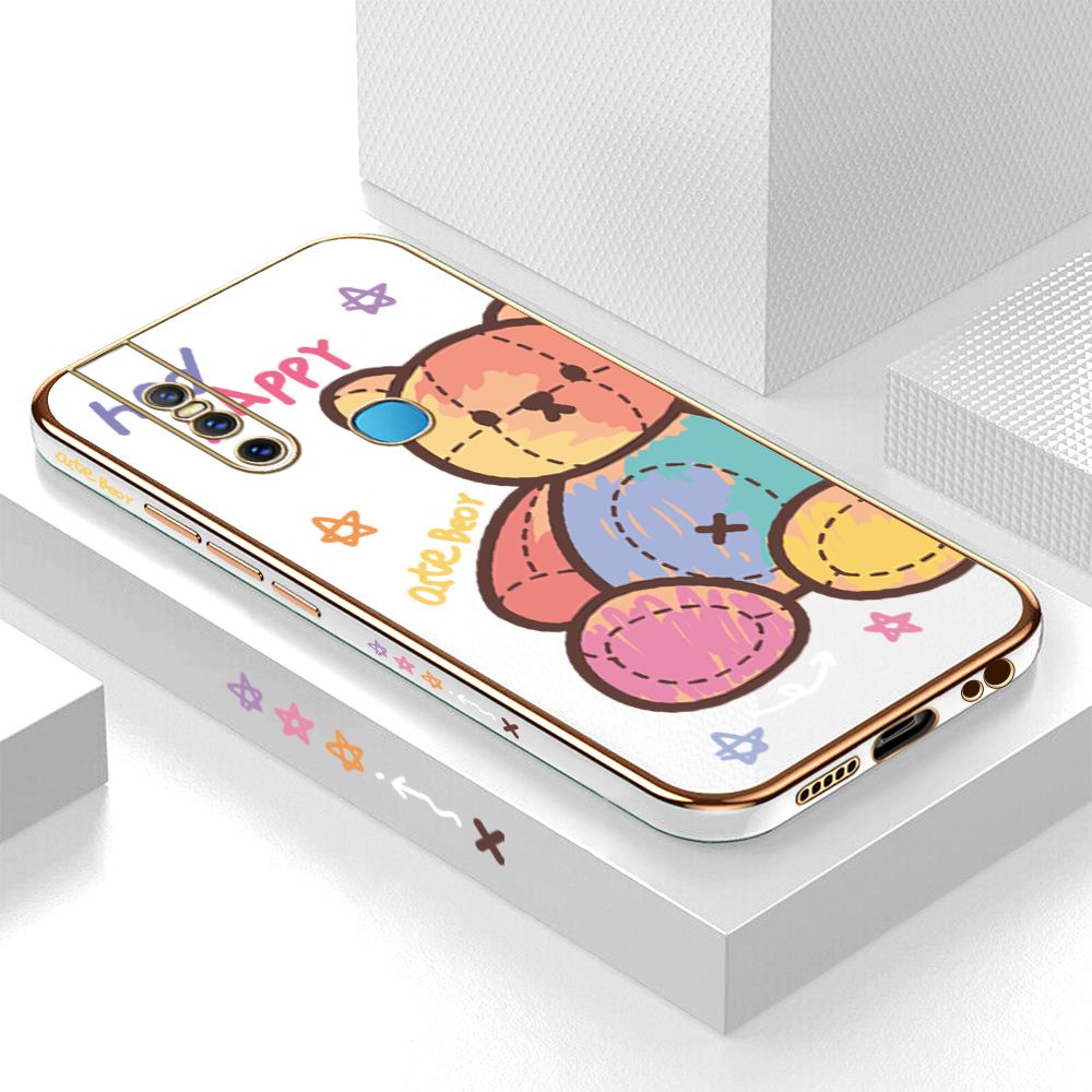 Luxury 6D Plating Case for Vivo V15 Color Cartoon Doll Bear Side Pattern Back Cover Soft Silicone Square Frame Shiny Bling Phone Cases + Free Lanyard
