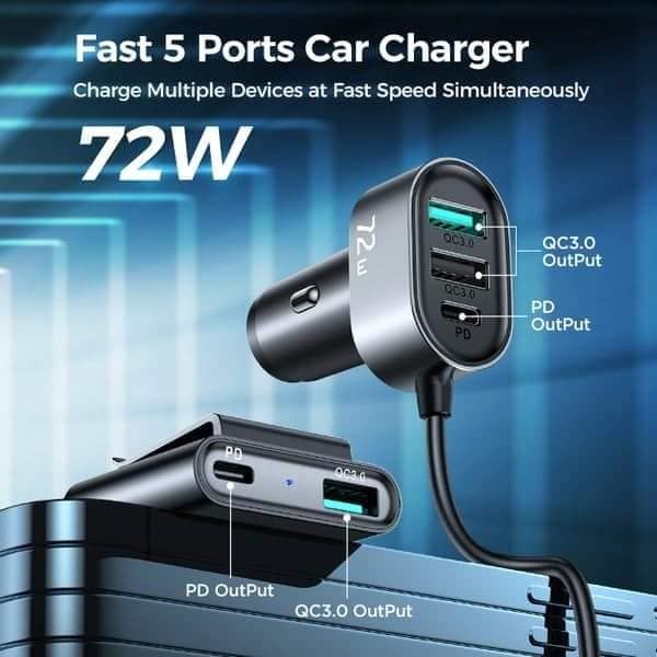 JOYROOM JR-CL05 5-PORT FAST CAR CHARGER - 2X PD USB-C, 3X QC3.0 USB - 72W