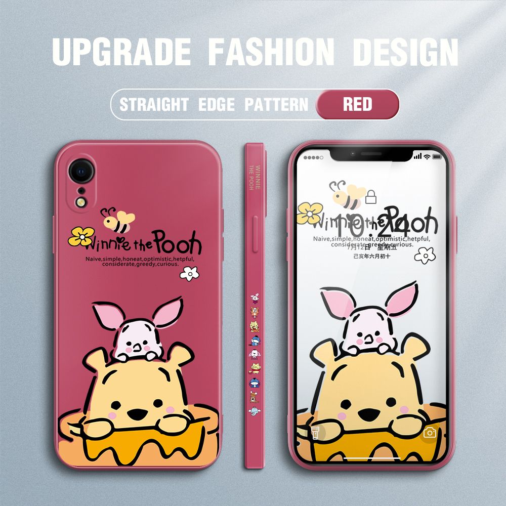 Jizetin for iPhone XR Case Side Design Phone Cover Lovely Cartoon Pooh Bear Cover Square Edge Pattern Liquid Silicone Trend Case