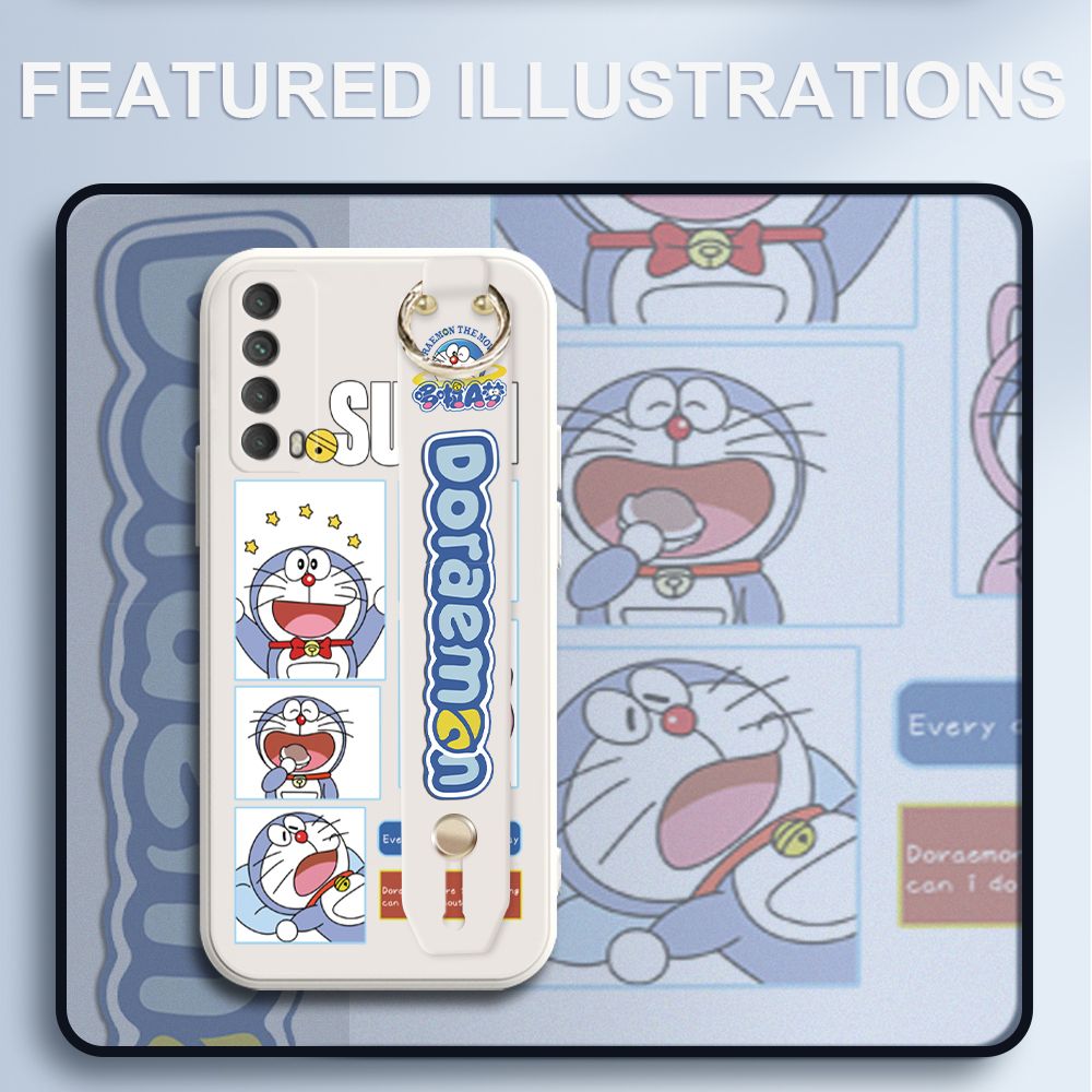 UCUC for Huawei Y7A Wrist Strap Case Creative Cartoon Doraemon's Daily Life Cover Ultra Thin Anti Fall Liquid Silicone Phone Case