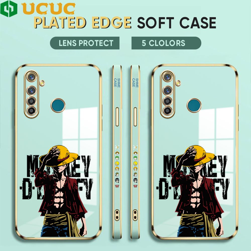 UCUC for Realme 5 Pro Cover Holding Cap Luffy Luxury 6D Plating Soft Casing Silicone Square Frame Phone Case Shiny Bling Back Cover + Free Lanyard