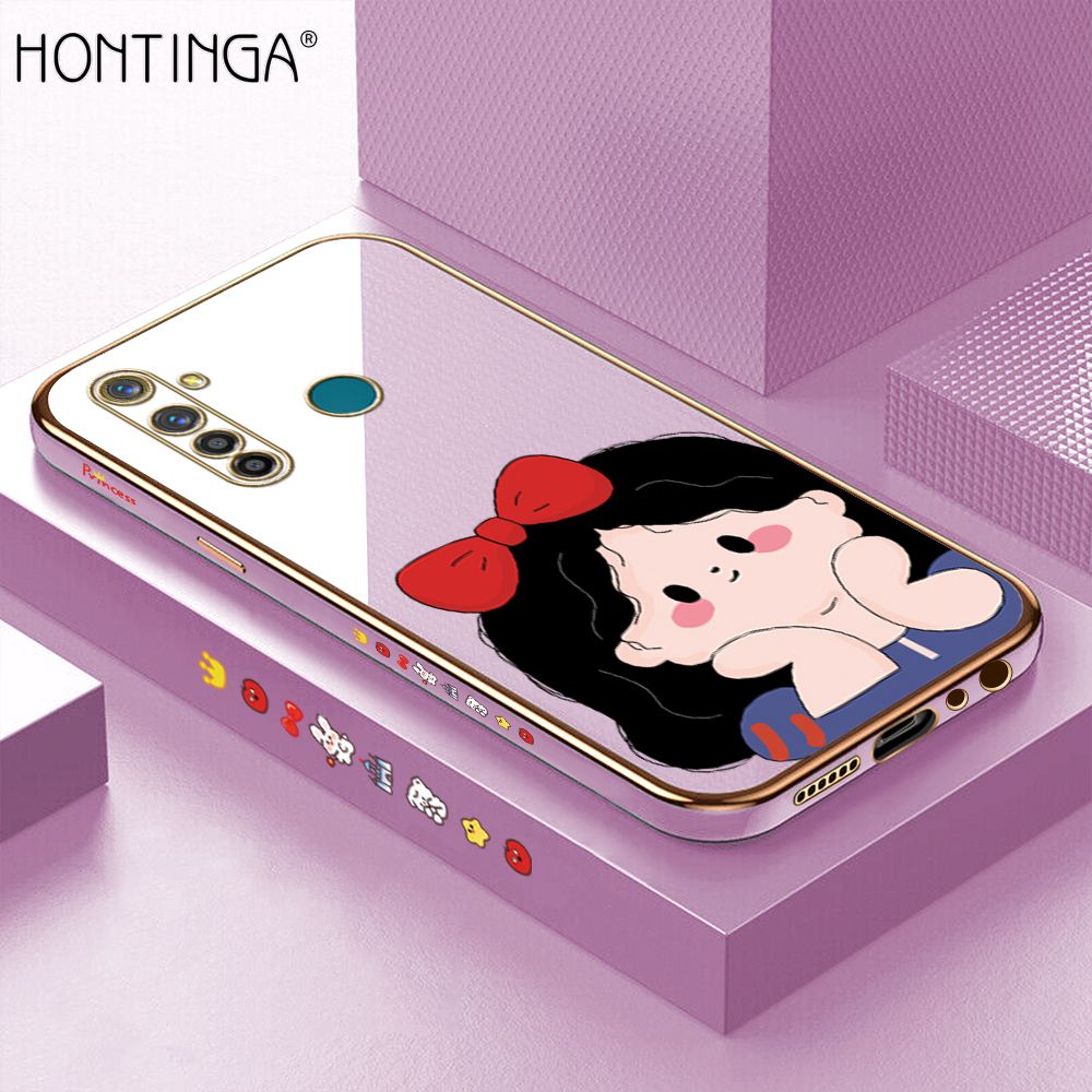 Hontinga for Realme 5 Pro Back Cover + Free Lanyard Luxury 6D Plating Cute Bow Girl Side Pattern Case Soft Silicone Square Mobile Cover
