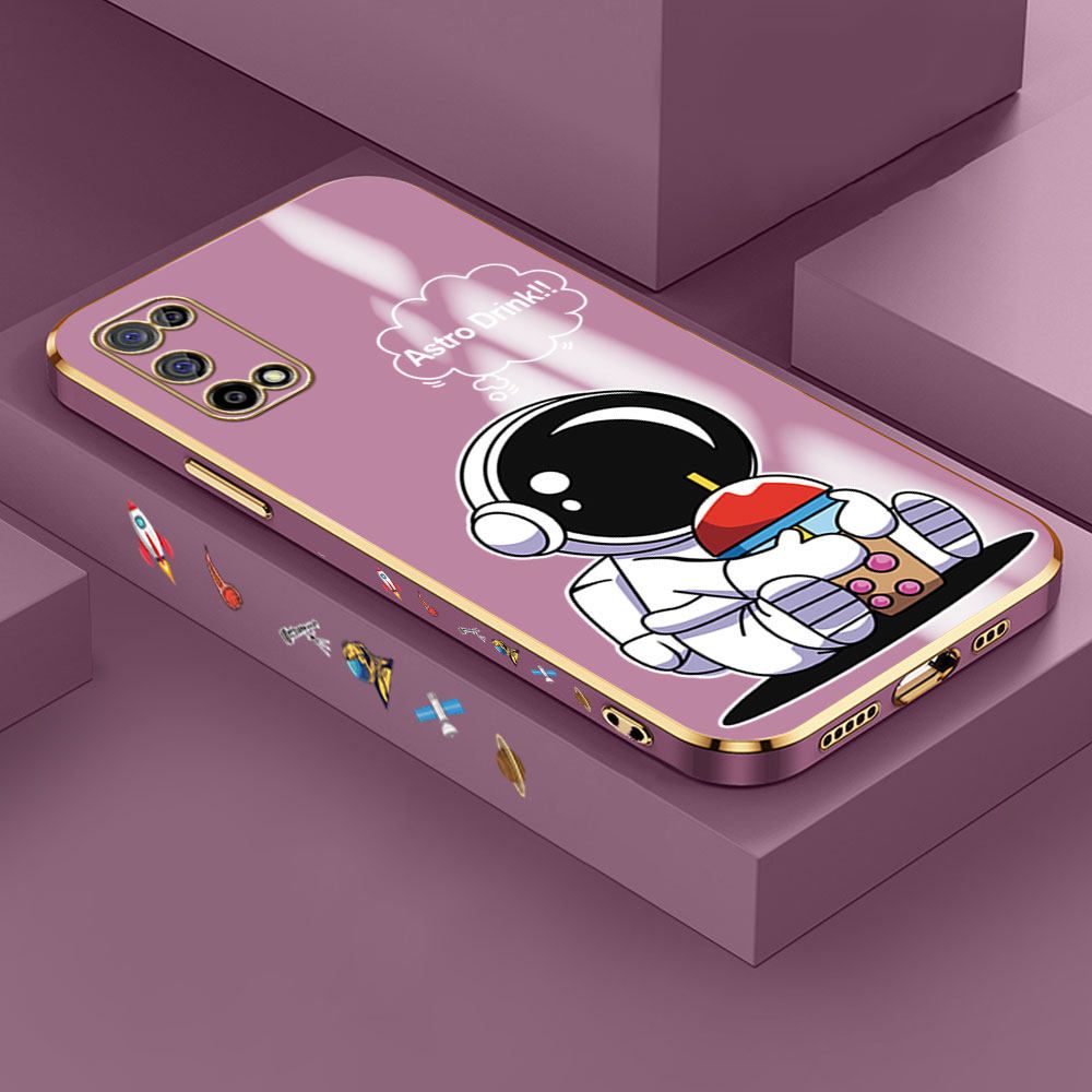 Jizetin (Free Lanyard) Realme 7 5G Case Cute Cartoon Drink Astronaut Luxury 6D Plating Soft Casing Silicone Ultra Thin Phone Cover