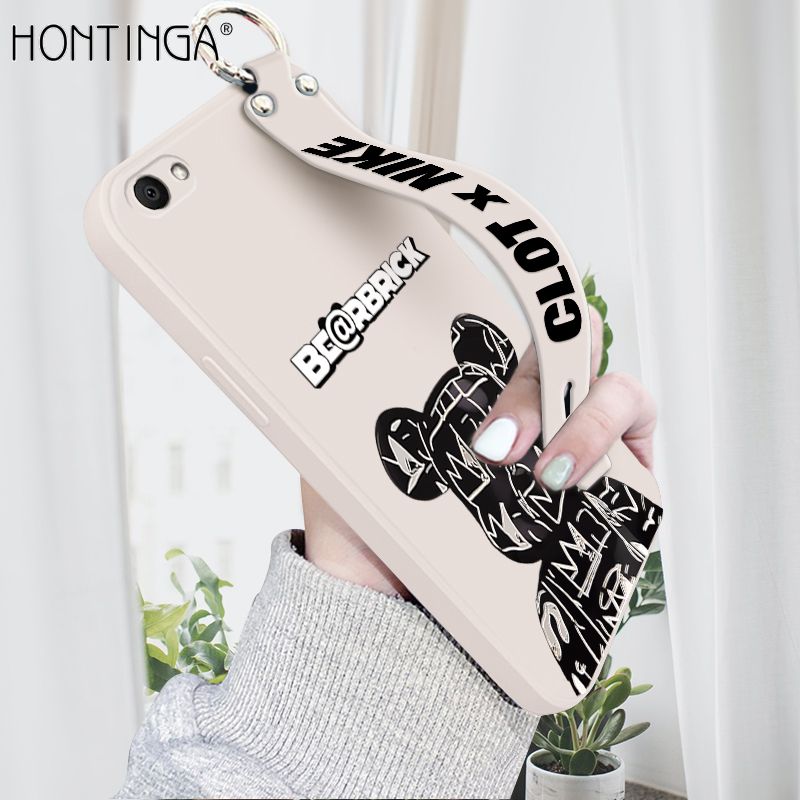 Hontinga for V5 / V5S / V5 Lite Wrist Strap Case Fashion Black Brand Bear Phone Case Square Edge Liquid Silicone Cases Full Cover Camera Shockproof Protection Cases
