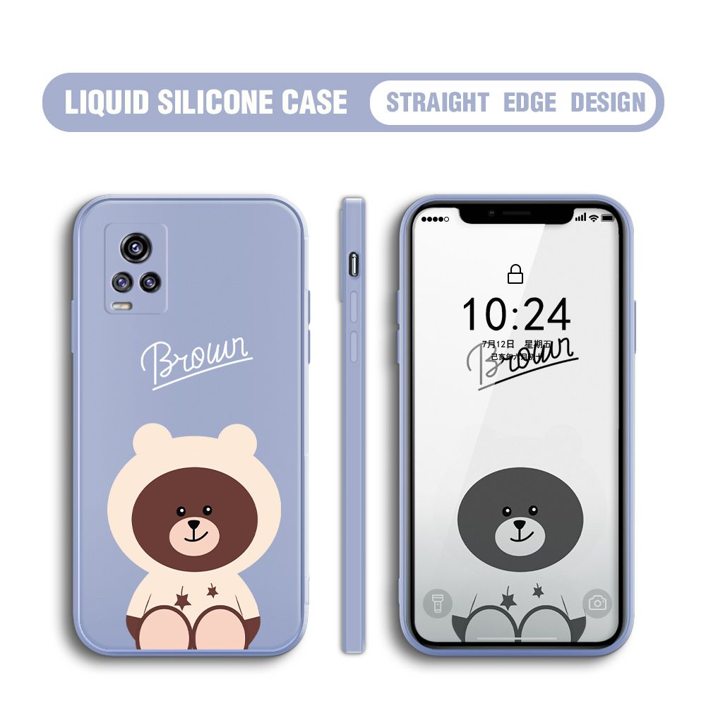BILI for Vivo V20 / V20 2021 Back Cover Brown Bear Multicolor Liquid Silicone Phone Case Soft Square Lens Protection Phone Cases