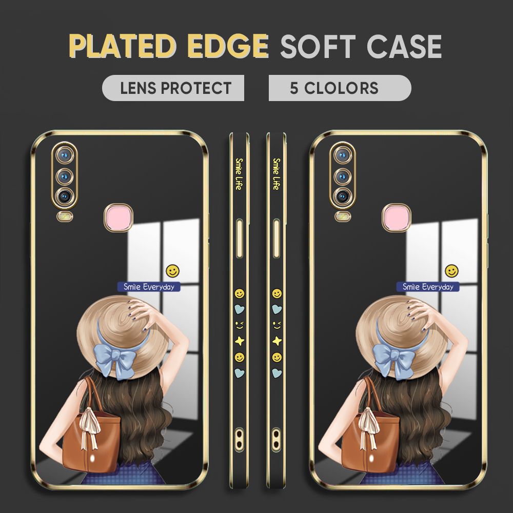 Luxury 6D Plating Case for Vivo Y17 Y15 Y12 Back Cover Cartoon Hat Girl Side Print Soft Silicone Square Phone Cases