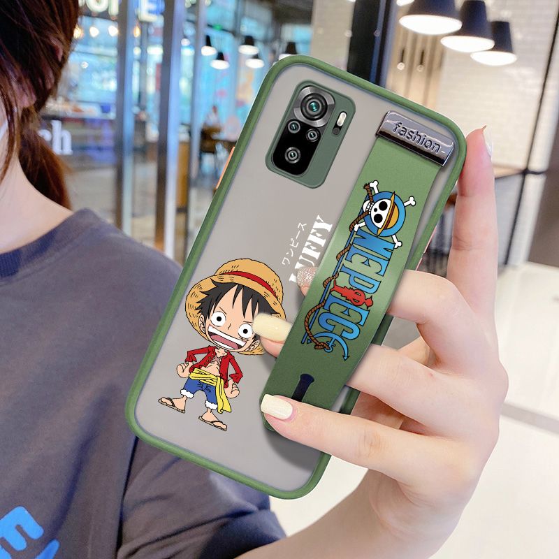 UCUC for Xiaomi Redmi Note 10 Wrist Strap Case Anime One Piece Luffy Wristband Printing Cover Shockproof Frosted Phone Case