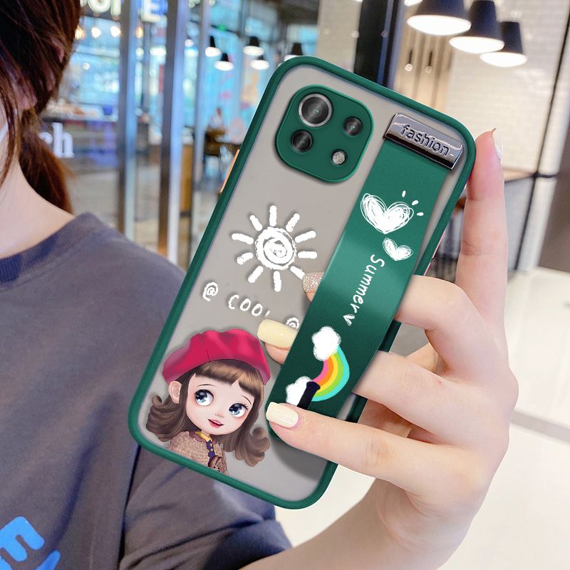 UCUC for Xiaomi Mi 11 Lite Wrist Strap Case Lovely Cartoon Red Hat Girl Wristband Printing Cover Shockproof Frosted Phone Case
