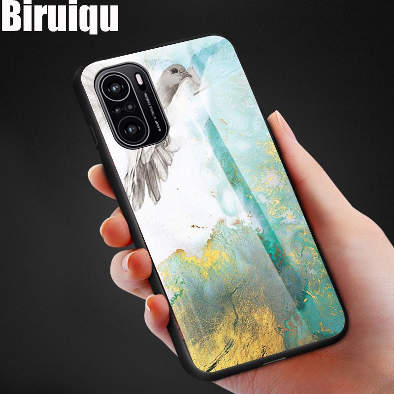 Biruiqu For Xiaomi Mi 11X Shockproof Fashion Marble Tempered Glass Back Case Cover