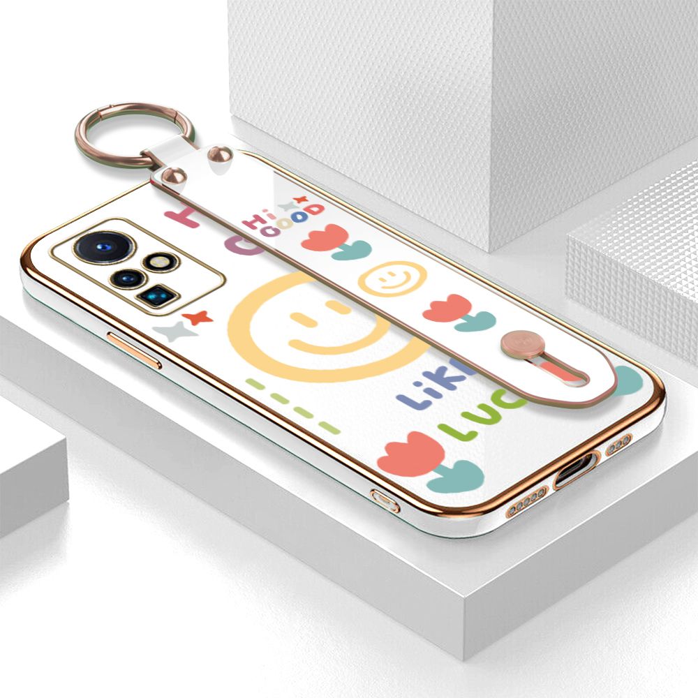 ZeroQiQi for Infinix Zero X Neo Wrist Strap Back Cover Flower Smiley Fashion Luxury 6D Plating Soft Casing Silicone Square Frame Phone Case