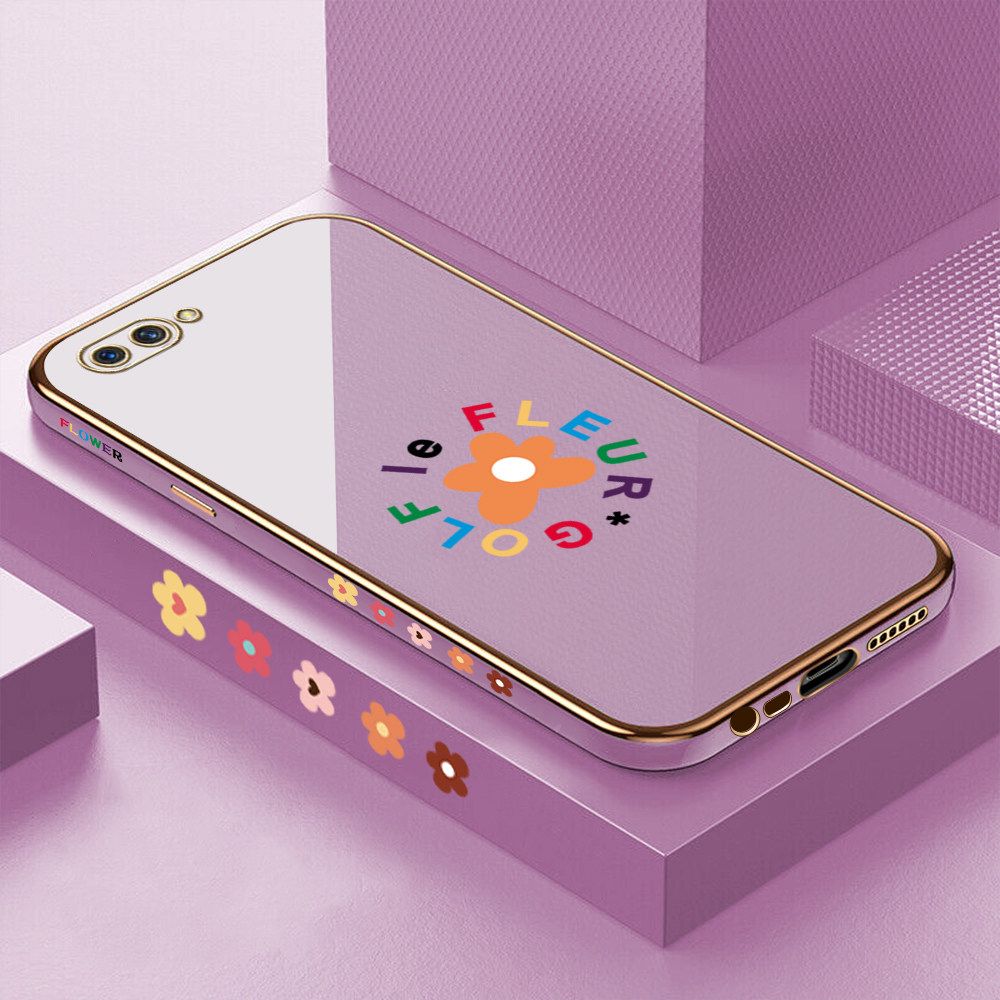 Luxury 6D Plating Case for Realme C1 Cartoon Flower Side Pattern Back Cover Soft Silicone Square Frame Shiny Bling Phone Cases + Free Lanyard