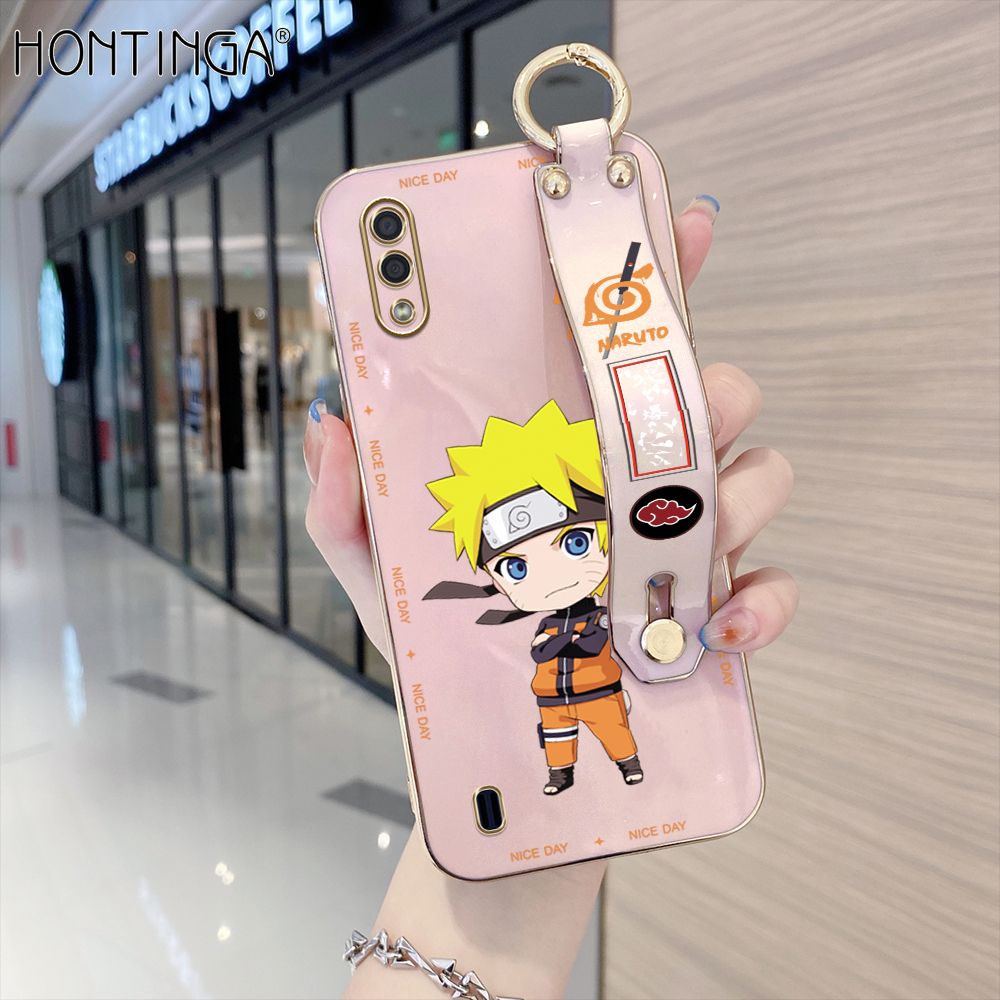 Hontinga for Samsung Galaxy A01 Back Cover With Wristband Luxury 6D Plating Anime Naruto Uzumaki Case Soft Silicone Square Phone Cases