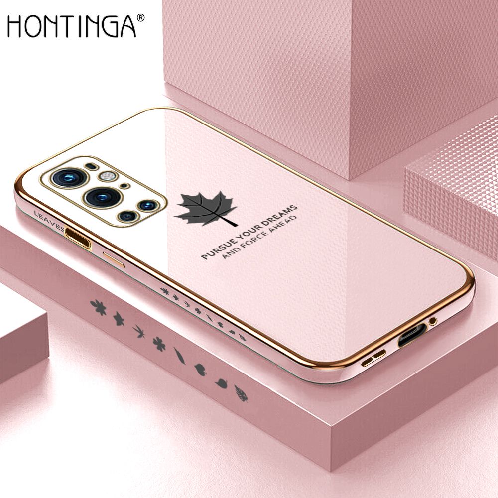 Hontinga for OnePlus 9 Pro Back Cover + Free Lanyard Luxury 6D Plating Shiny Maple leaf Phone Case Soft Silicone Square Mobile Cover