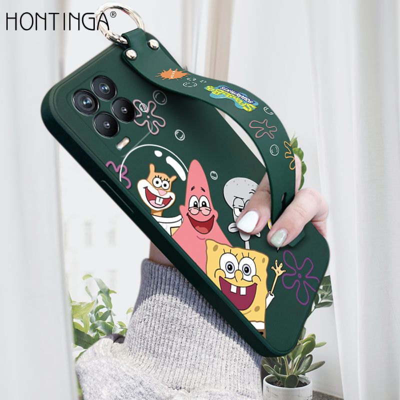 Hontinga for Realme 8 4G / 8 Pro Wrist Strap Case Cute Cute Funny Cartoon Sponge for Square Pants Cover Square Edge Liquid Silicone Anti-drop Phone Case