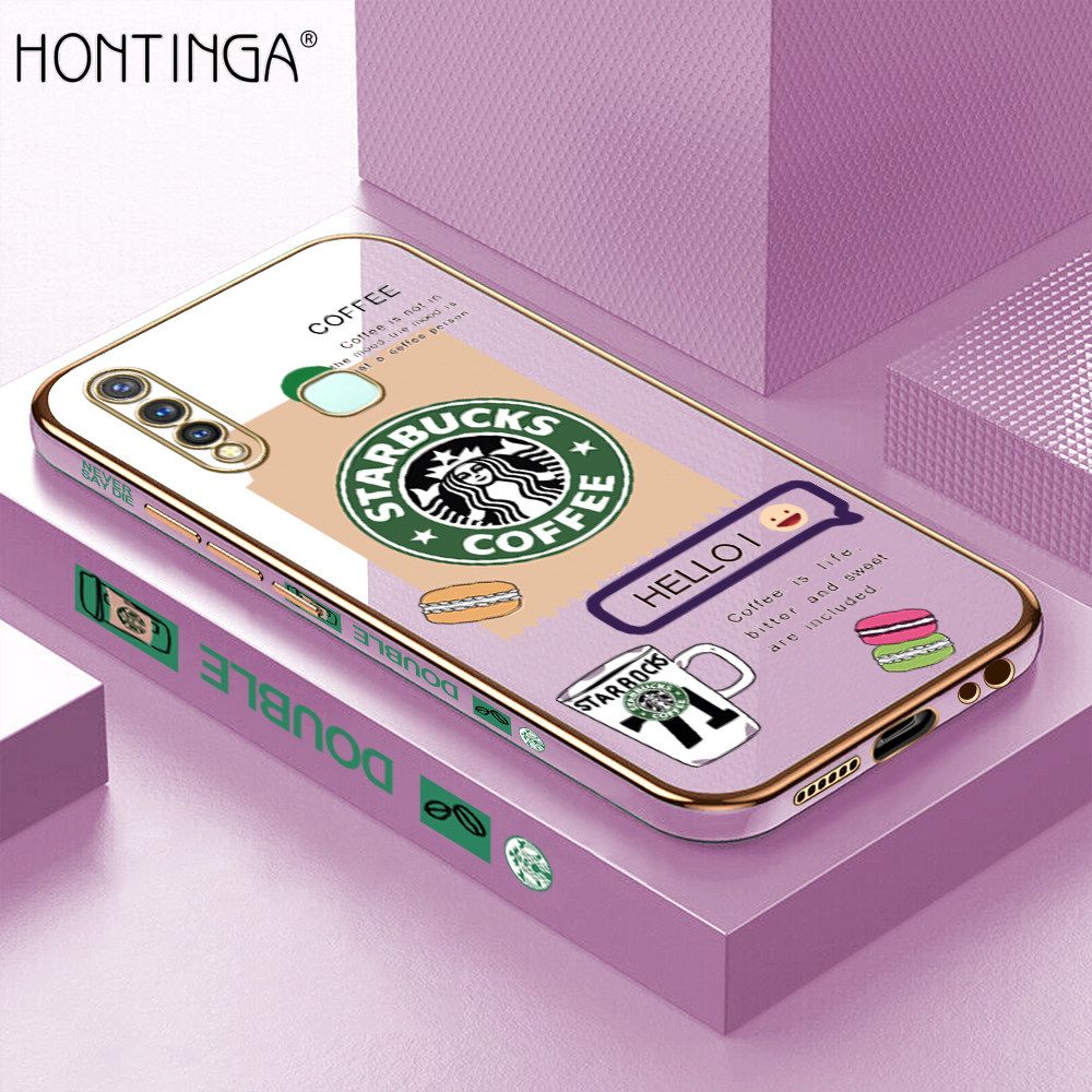 Hontinga for Vivo Y19 Back Cover + Free Lanyard Luxury 6D Plating Fashion Coffee Side Pattern Case Soft Silicone Square Phone Cases