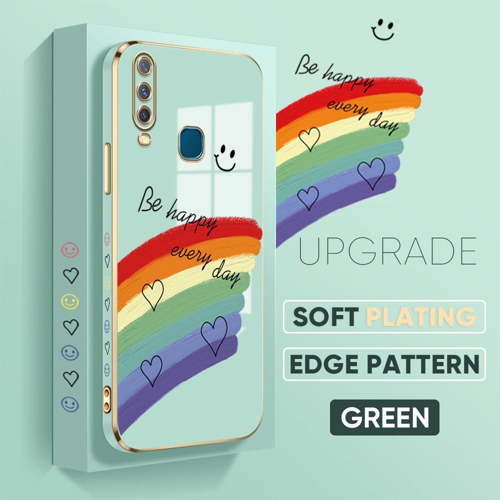 TA for Vivo Y17 Y15 Y12 Back Cover + Free Lanyard Rainbow Doodle Luxury 6D Plating Case Side Pattern Soft Silicone Square Phone Cases
